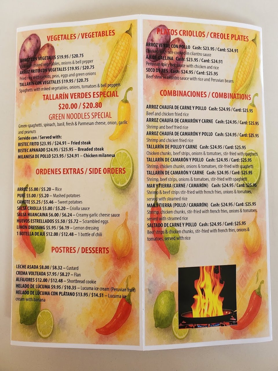 Printed menu with seafood, fish, and creole plates.