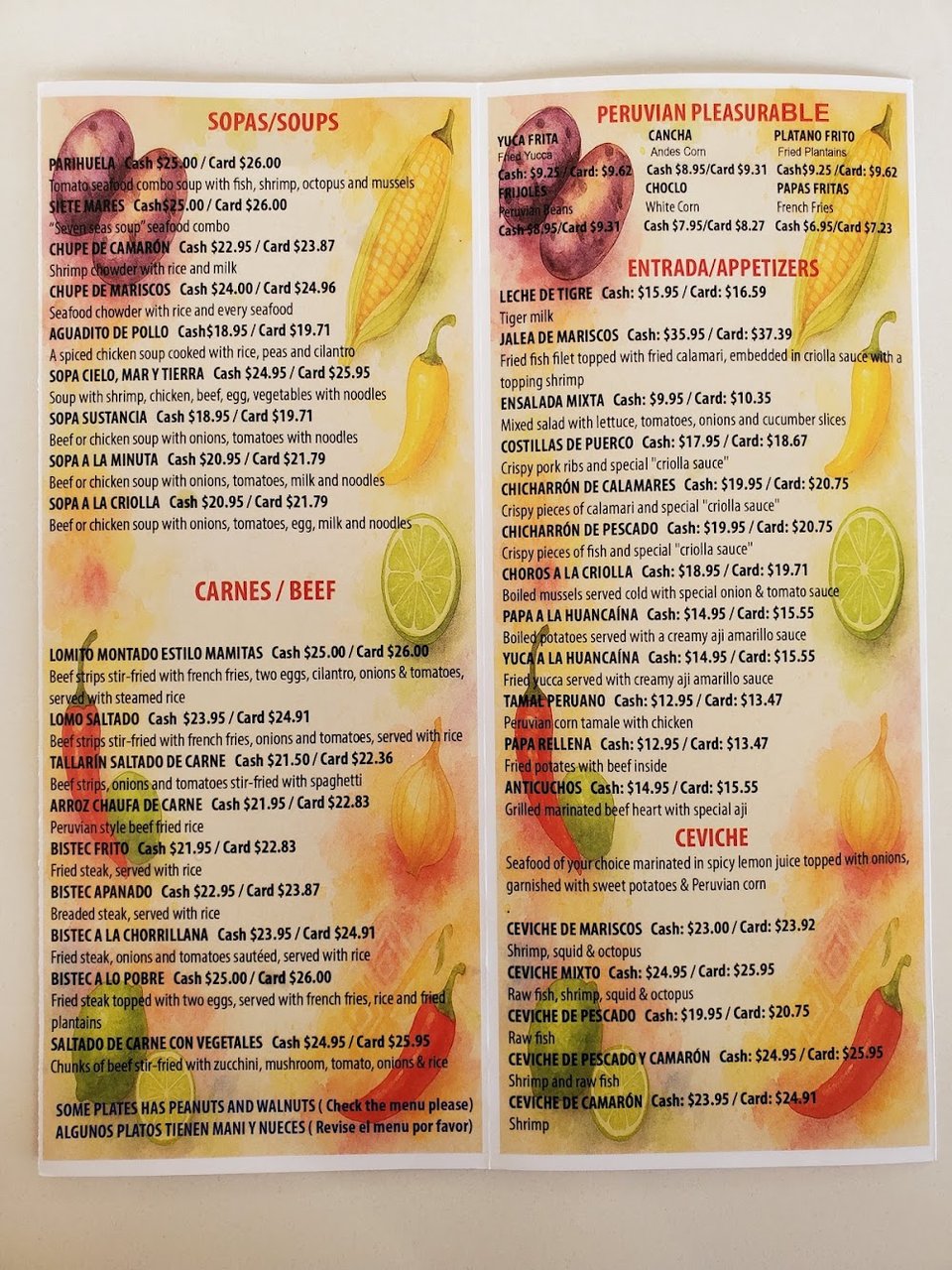 Dessert section beside ceviche and noodle dishes.